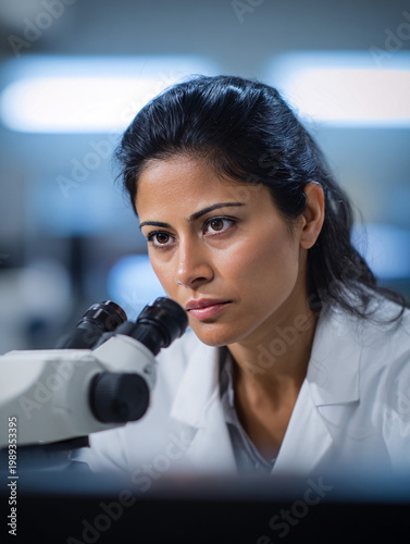 Focused South Asian female scientist in white lab coat using microscope for scientific research