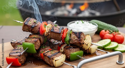 Grilled meat skewers with vegetables.