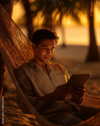 Man relaxing in hammock, using digital tablet at sunset on beach