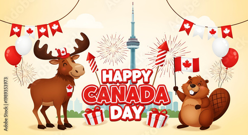 Cartoon moose and beaver celebrate Canada Day with fireworks and flags celebration