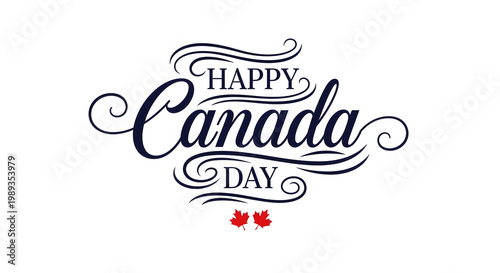 Elegant dark blue script text Happy Canada Day with two red maple leaves celebration