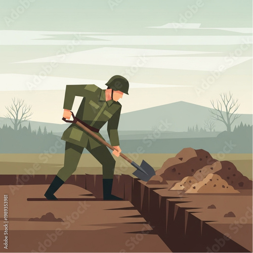 Soldier Digging Trench with Shovel.