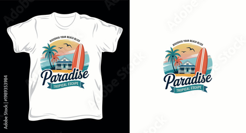 Paradise tropical escape t-shirt design, discover your beach bliss with vintage vector illustration.