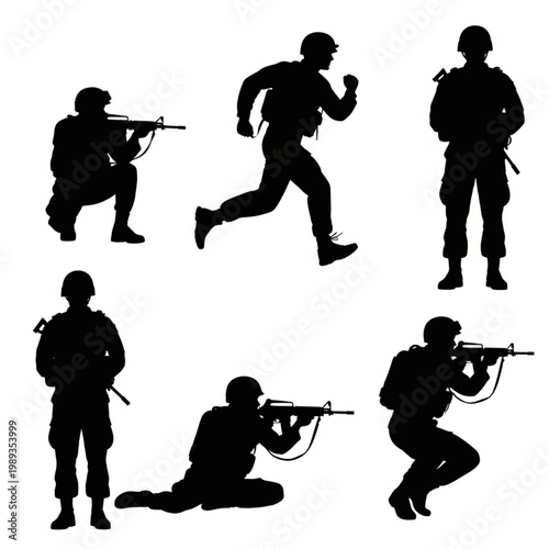 Soldiers in Various Combat Positions Silhouettes.