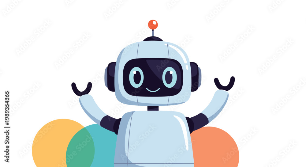 Fototapeta premium Cute little robot with a square head and a round body smiling with its hands raised up in a joyful gesture.