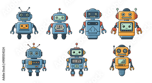 Collection of seven different colorful robots in a pixel art style with various shapes and facial expressions.