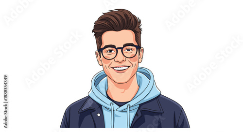 Modern portrait of a young man with brown hair wearing glasses and a dark jacket over a blue hoodie.