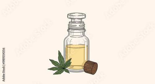 Clear glass bottle containing yellow oil next to a cork stopper and a green cannabis leaf for natural health.