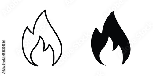 Flame icon in stroke outline style with flat version