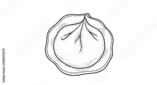 Detailed hand drawn sketch of a single dumpling with many folds and a rounded base seen from an overhead view.