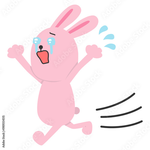 泣きながら走って逃げるピンク色のうさぎのイラスト