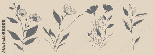 Hand-drawn botanical collection, minimalist vintage line art, trendy boho floral sketches, organic ink strokes, aesthetic wildflowers on beige background.
