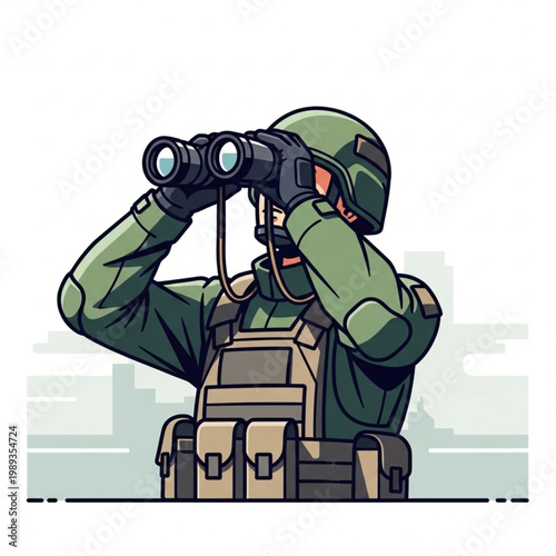 Soldier Observing Through Binoculars in Uniform.