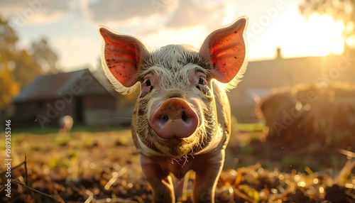 Close Up Portrait Of A Cute Piglet On A Sunny Farm At Sunset With Golden Backlighting On Its Ears As It Looks Directly At The Camera