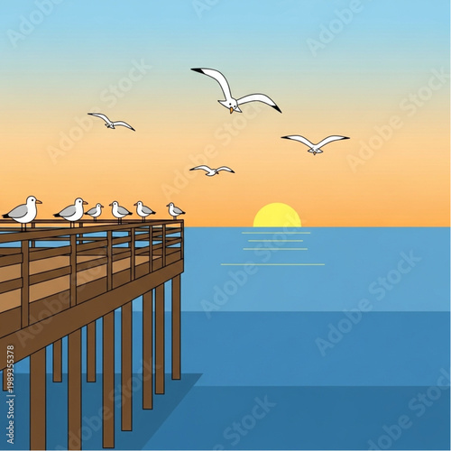 Seagulls Flying and Standing on Pier.