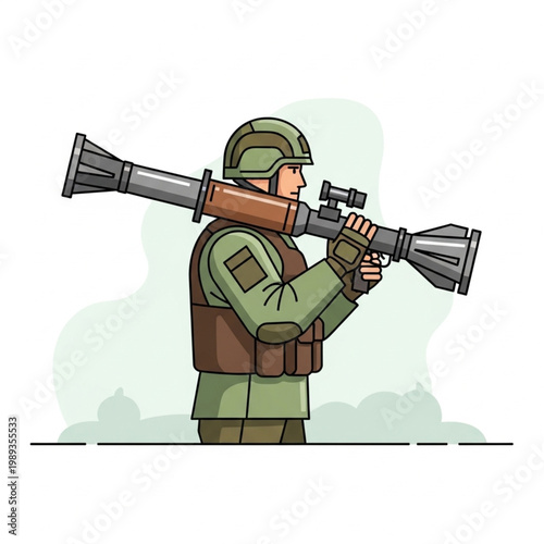 Soldier Holding Rocket Launcher Vector Illustration.