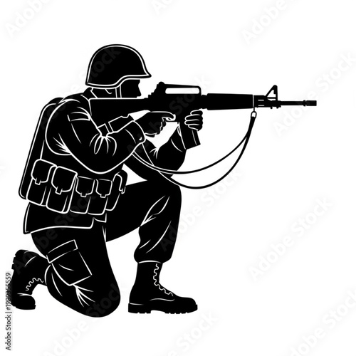 Soldier Kneeling and Aiming Machine Gun.