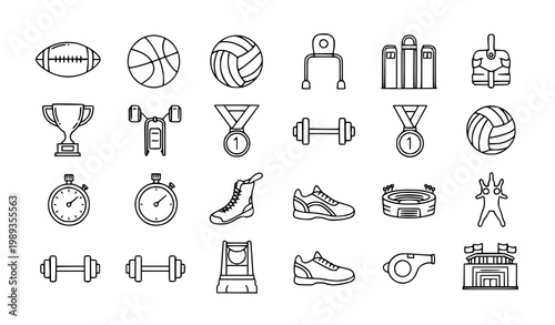 Minimal Outline Sports Icon Set Featuring Football Basketball Trophy Medal Gym and Volleyball in Modern Linear Vector Style Collection