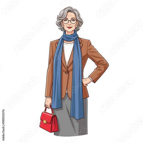 Elegant elderly woman with glasses and a blue scarf, holding a red handbag