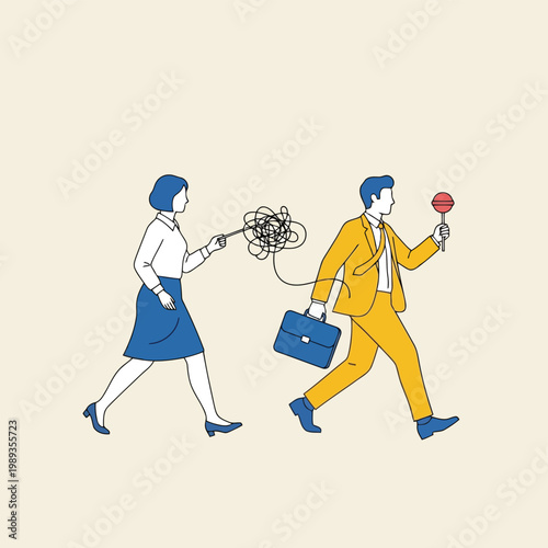 Woman untangling a mans messy thoughts while he walks away with a lollipop and briefcase, representing mental health and therapy