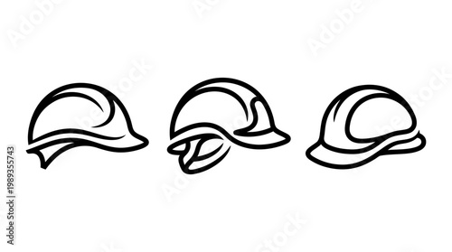 Three black line art illustrations of construction safety helmets.