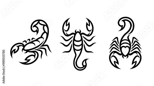 Three Black Scorpion Tattoos on White Background, Symbolic Designs.
