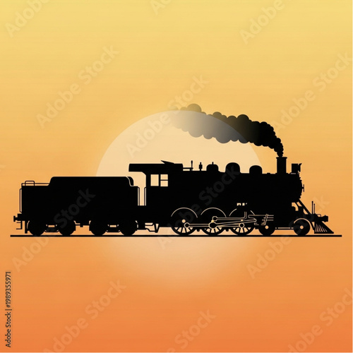 Vintage Steam Train Silhouette Against Sunset.