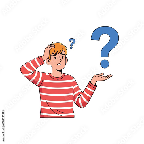 A confused young man with orange hair and a striped shirt scratches his head next to a large blue question mark, indicating uncertainty