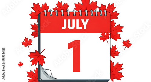 Red calendar page showing July 1 surrounded by red maple leaves date