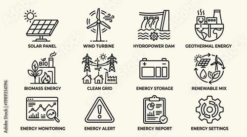 Energy icons for renewable power sources.