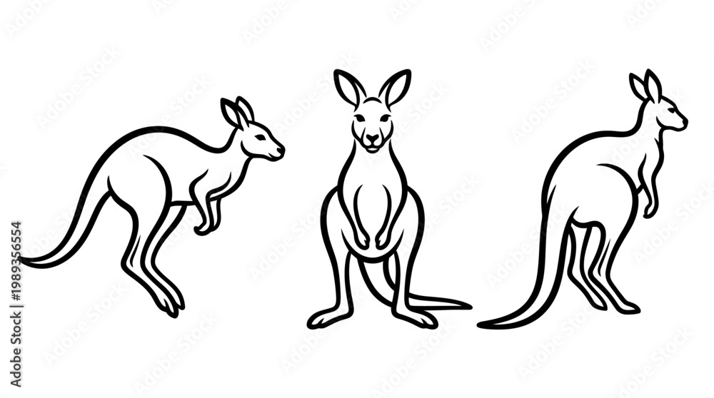 Fototapeta premium Three Distinct Kangaroo Outlines in Black and White, Isolated.