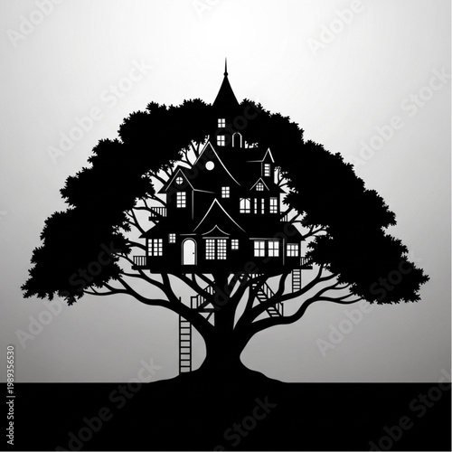 Treehouse Silhouette with Ladder and Branches.