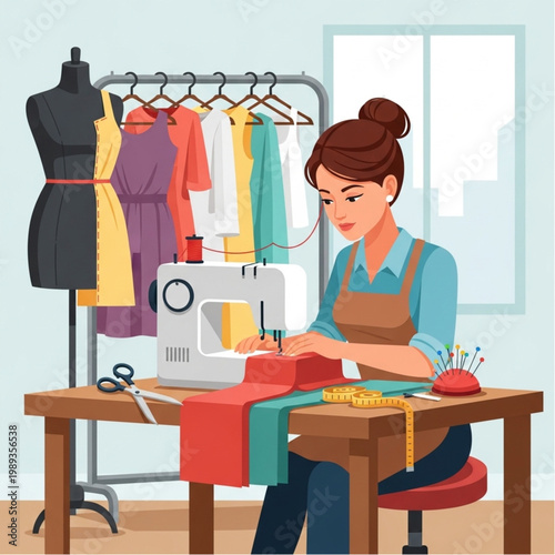 Woman Sewing Clothes on Sewing Machine.