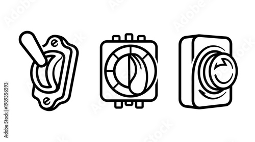 Three Electrical Switches Depicted in Black and White, Isolated.