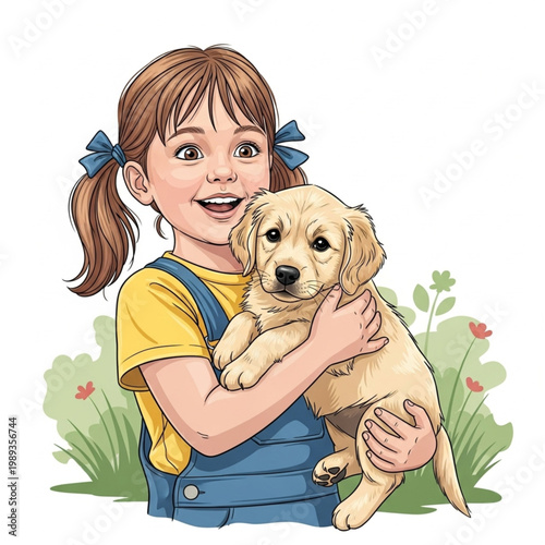 Young Girl Holding a Golden Retriever Puppy.