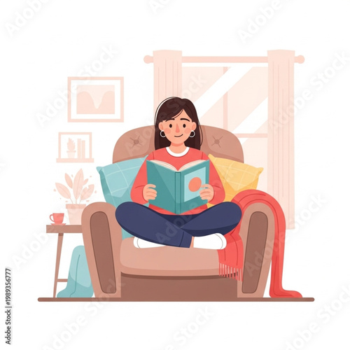 Woman Sitting on Sofa Reading Book.