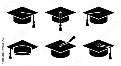 Graduation cap icon set, black academic mortarboard vector collection, 6 university student hat symbols for education and ceremony design