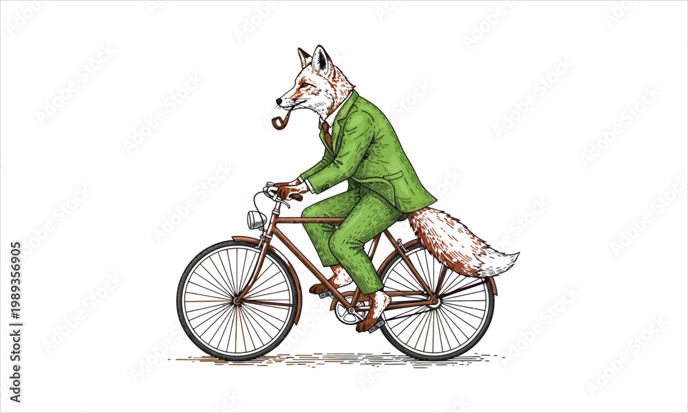 Obraz premium Fox wearing a green suit riding a vintage bicycle with a pipe