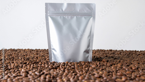 Blank silver foil pouch mockup standing on scattered roasted coffee beans