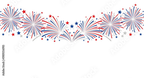 Red White Blue Fireworks Bursting with Stars on White Background celebration