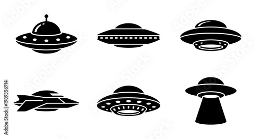 UFO alien spaceship icons set, black flying saucer vector silhouettes, 6 extraterrestrial spacecraft illustrations for sci-fi design and gaming
