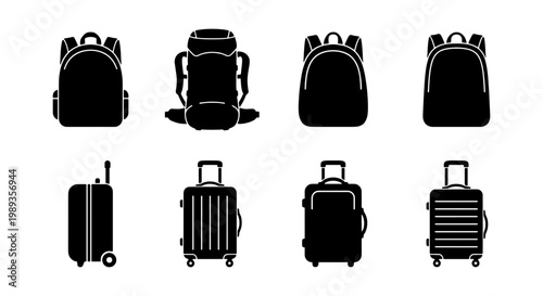 Travel luggage and backpack icon set, 8 black vector silhouettes of suitcases and rucksacks, baggage collection for tourism and vacation planning