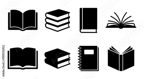 Minimalist book icon set with 8 black vector symbols, flat academic library and education signs, open textbook and notebook illustrations for web design