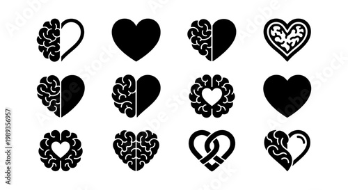Minimalist brain and heart icon set, 12 black vector symbols representing logic and emotion balance, mental health and psychology concept illustrations
