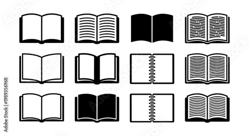 Minimalist book icon set with 12 vector elements, black and white open book symbols, linear notebook and textbook illustrations for education