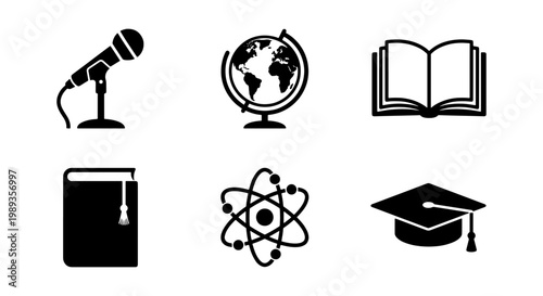 Education and science icon set, black minimalist academic symbols, collection of 6 vector elements for university and school branding