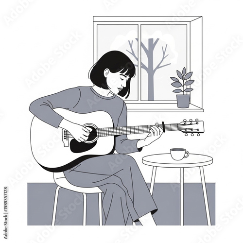 Woman Playing Acoustic Guitar Sitting Down.