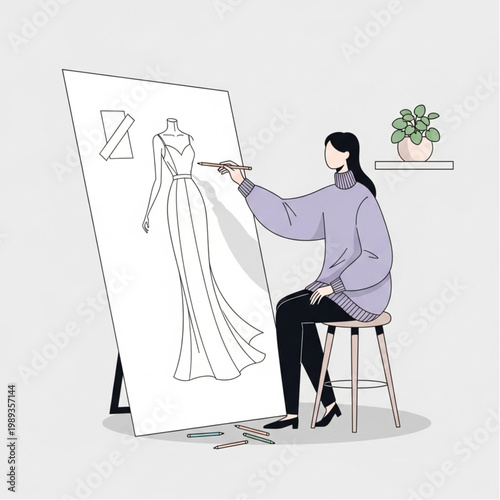 Woman Designing a Dress on Easel.