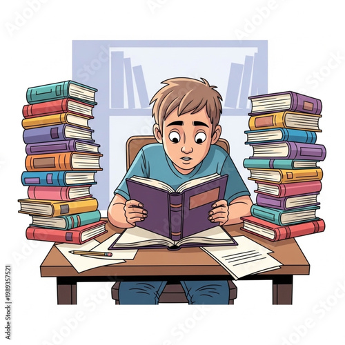 Young Boy Reading Book Surrounded by Books.