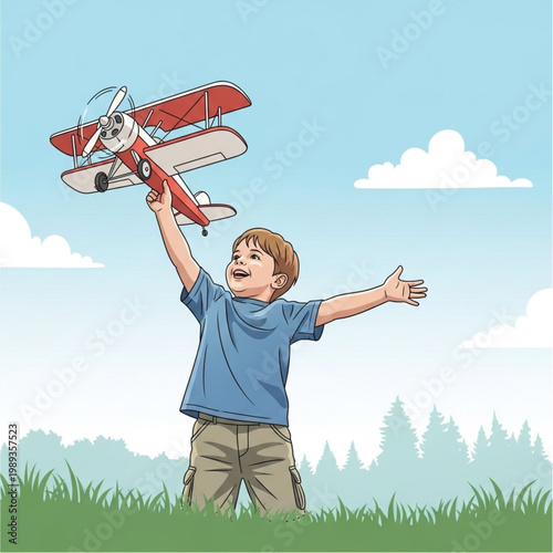 Young Boy Playing with Toy Airplane Outdoors.